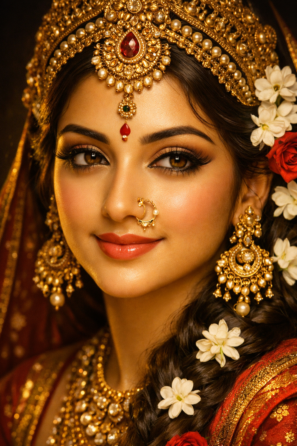 Radha Rani face close-up with golden skin large lotus-shaped eyes kajal nose ring and gold maang tikka — HD wallpaper